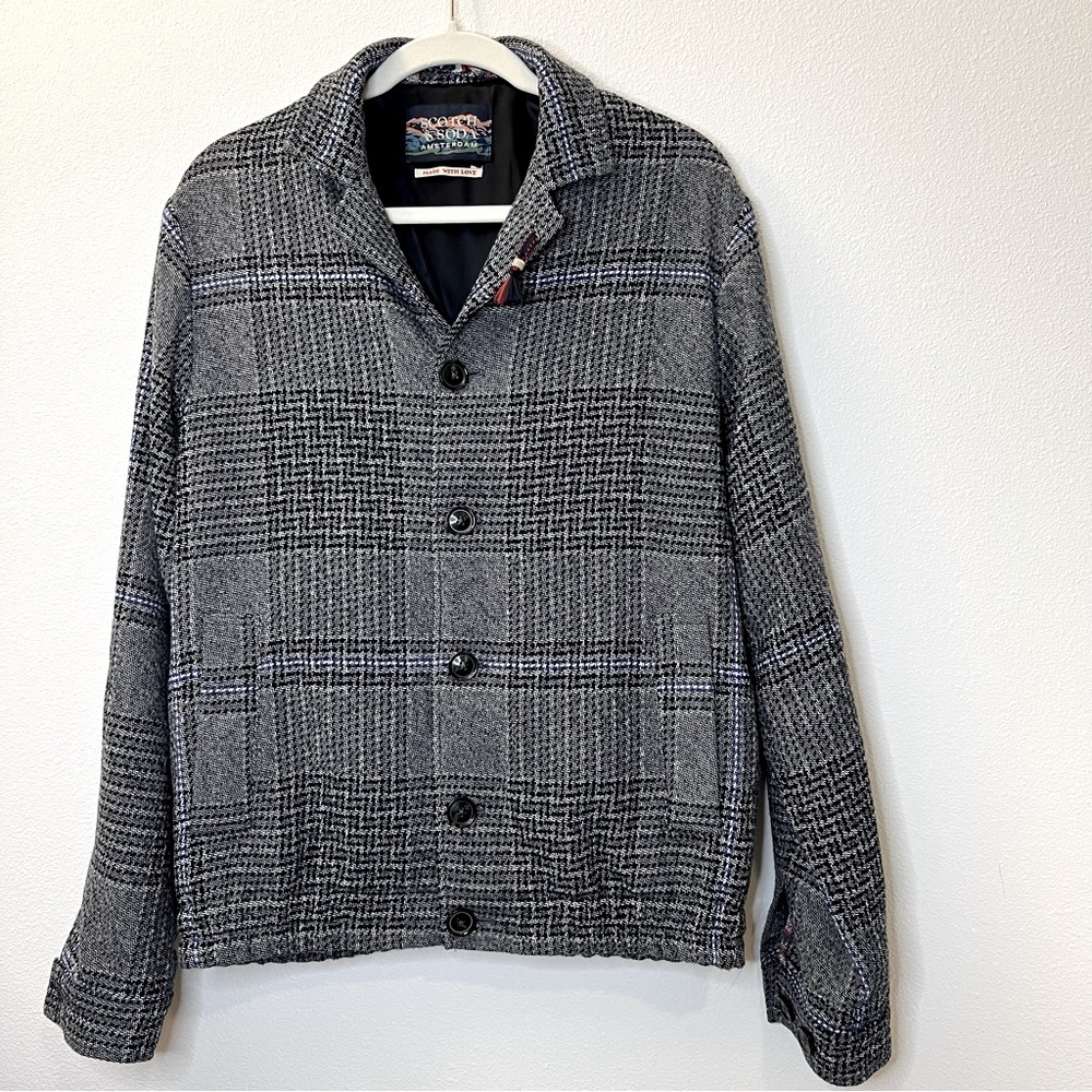 Scotch & Soda Men’s Tweed Bomber Jacket, Black/Blue, Size 48. 0106.